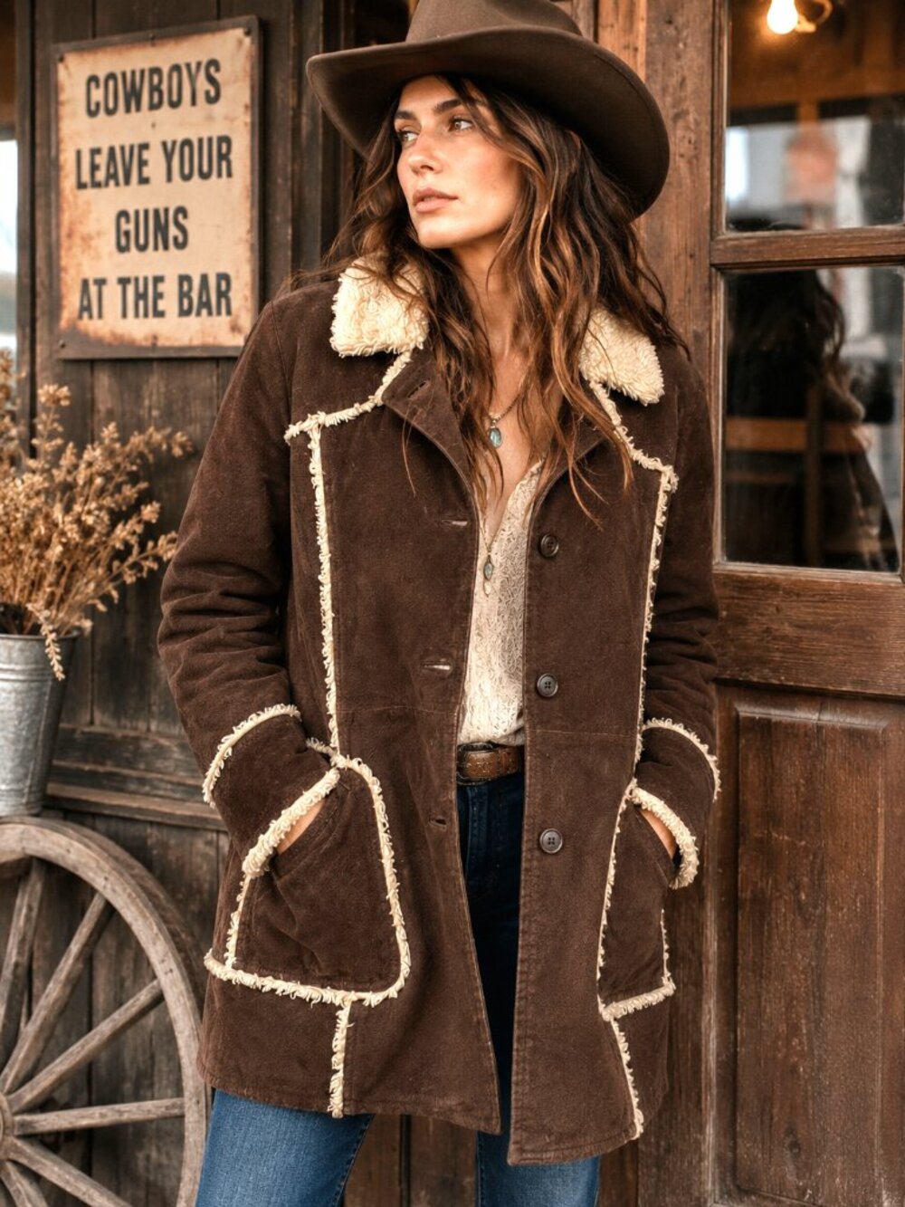 Vintage Y2K Shearling Leather Coat Womens 1X Brown Ranch Western Jacket